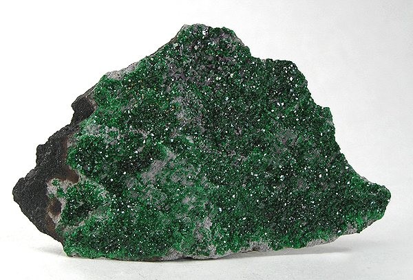 A plate of tiny green sparkly crystals of uvarovite.