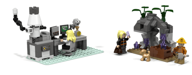 The Lego set that Verba designed. There is a figure using a SEM in the lab and another collecting samples of purple crystals in the field.