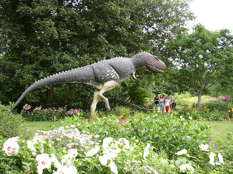 dinosaur in beautiful flower garden with people looking