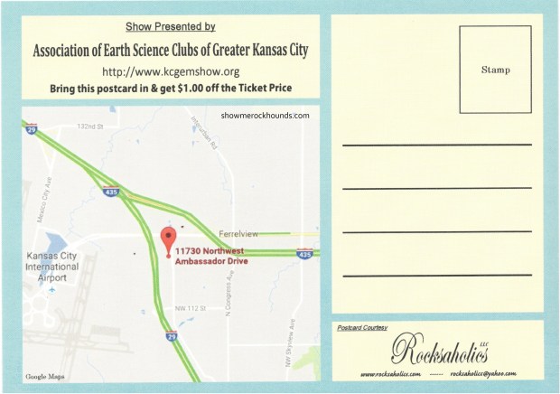 postcard with map to kansas city gem show and coupon