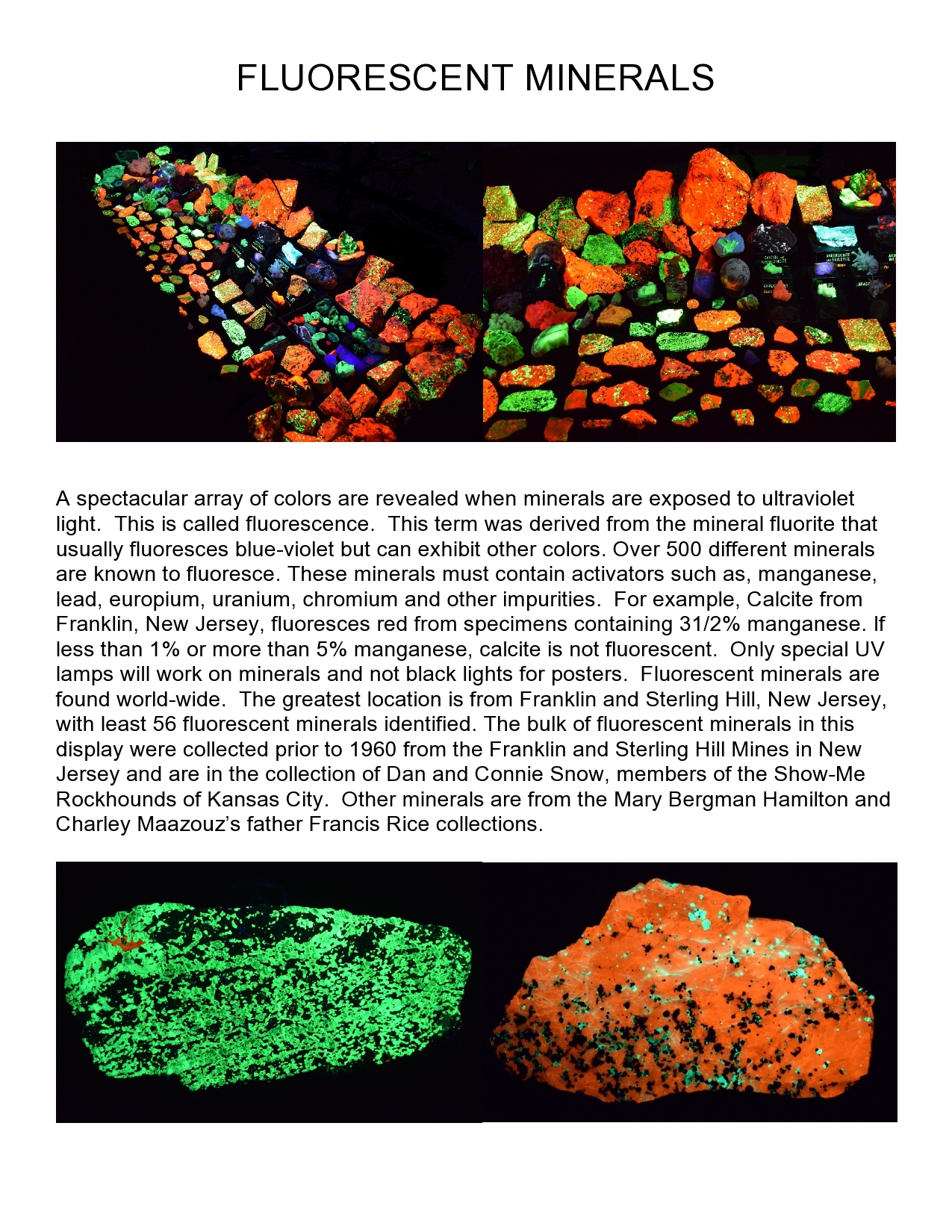 Fluorescent minerals photographed under short wave ultra-violet light and the description of minerals and collections.
