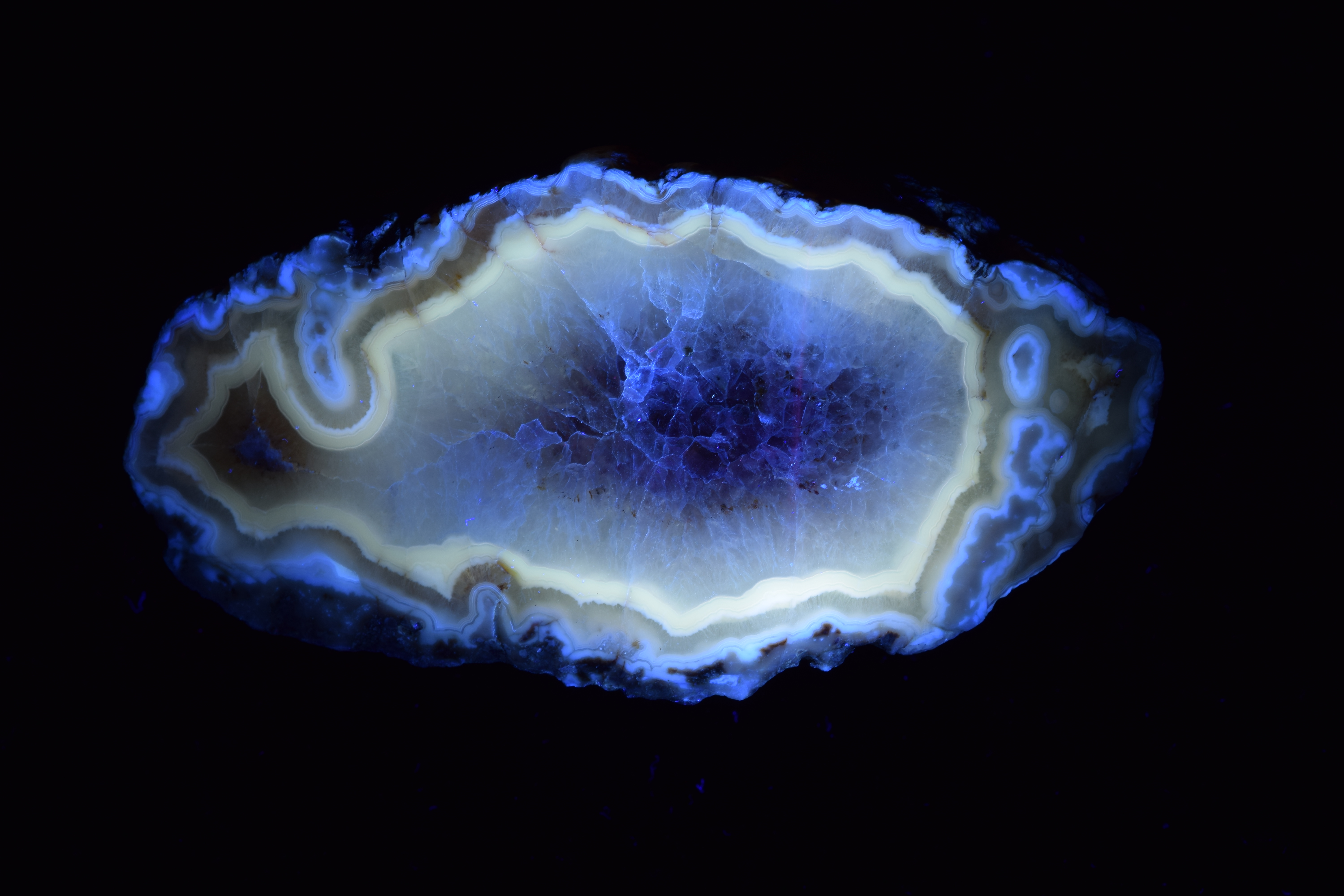 Fairburn Agate from South Dakota, photographed under longwave UV light.